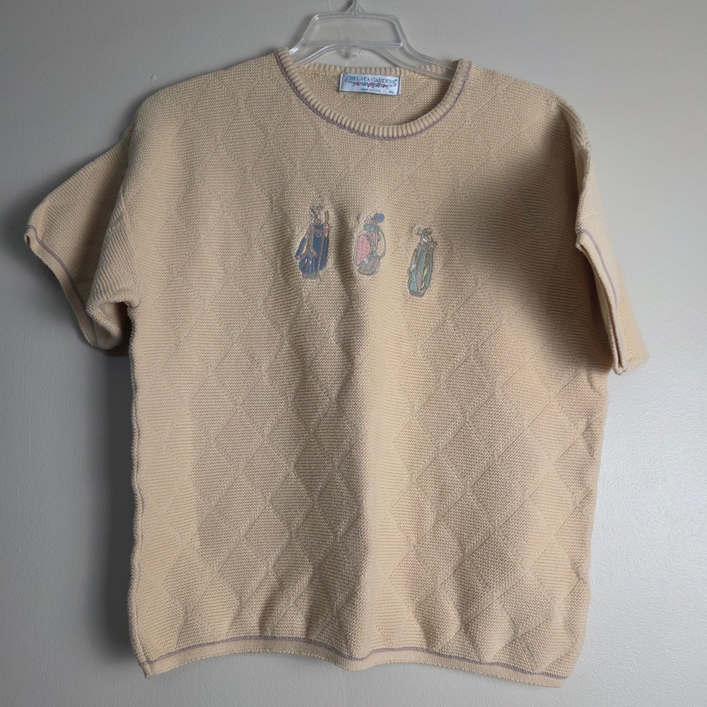 Chelsea Gardens Vintage Golf Embroidered Short Sleeve Sweater Tan Cotton XL USA